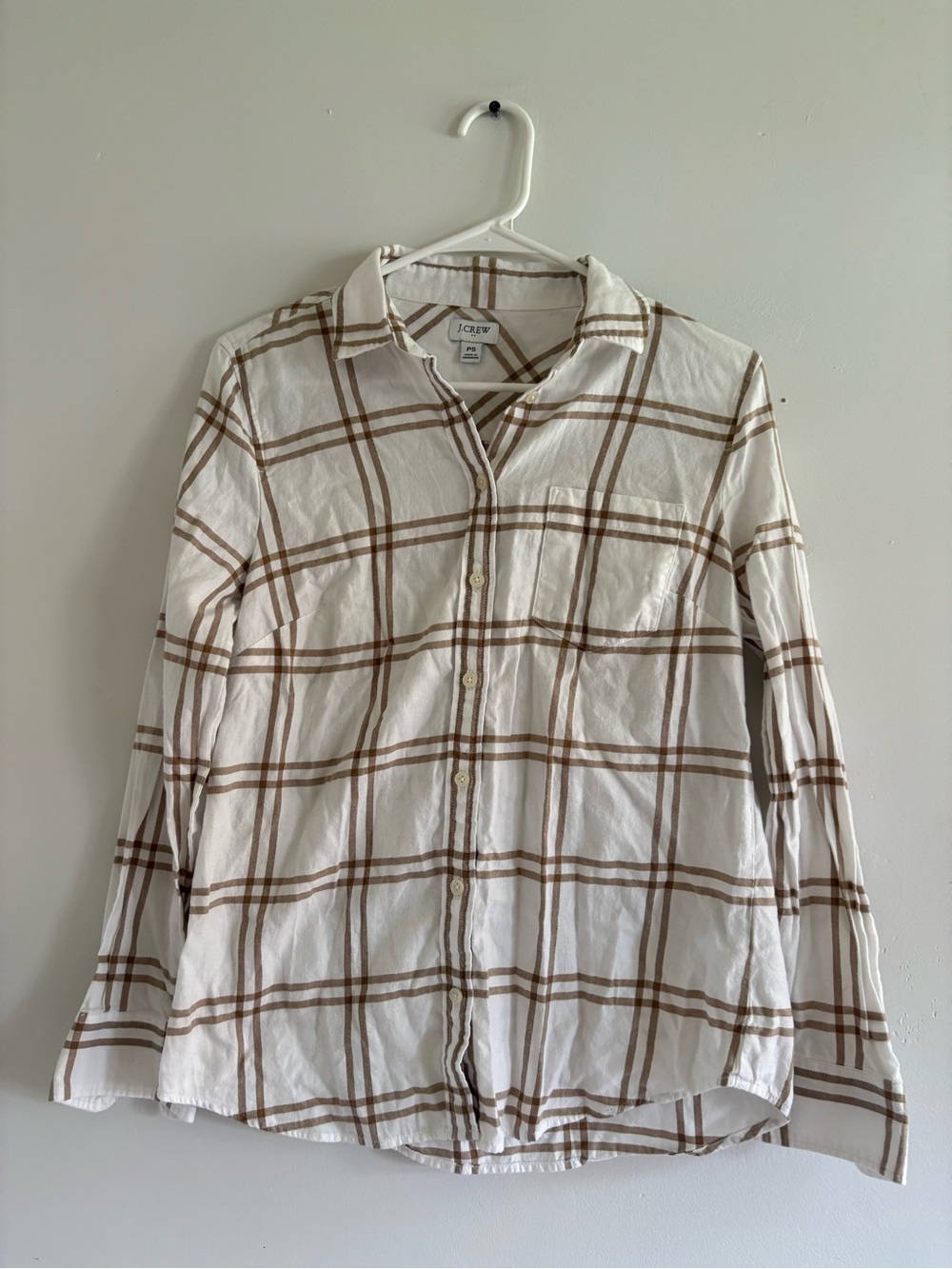 J. Crew White Button-Down Shirt with Brown Plaid